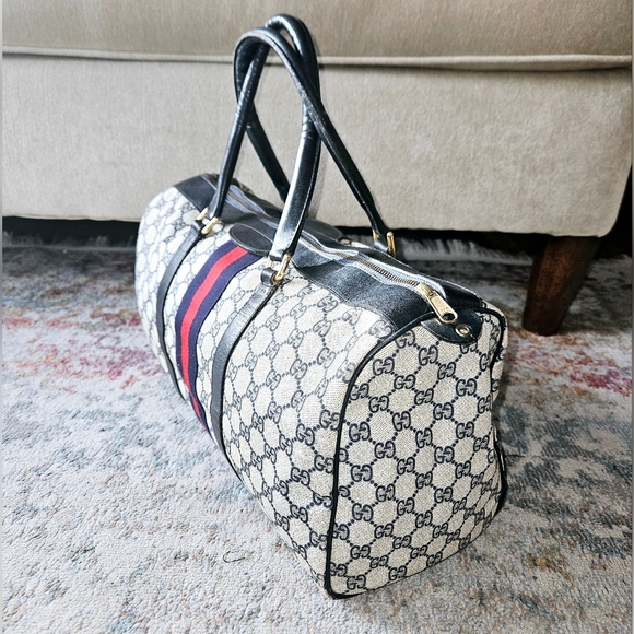 GUCCI BOSTON BAG VINTAGE SHERRY LINE GG SUPREME CANVAS NAVY RED UNISEX - Picture 3 of 13